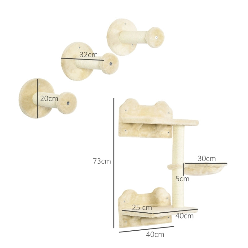 Set di gradini da parete per gatti 4 pezzi con tiragraffi amaca e piattaforma beige in peluche per arrampicarsi