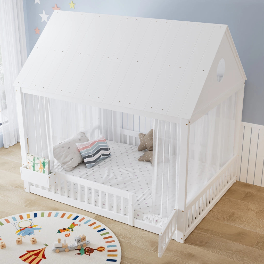 Letto singolo per bambini 140 × 200 cm con tende bianche vano contenitore e rete a doghe in legno bianco