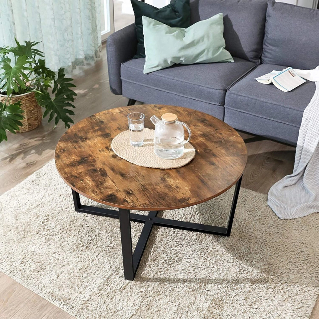 Tavolino da caffè rotondo in stile industriale e legno rustico