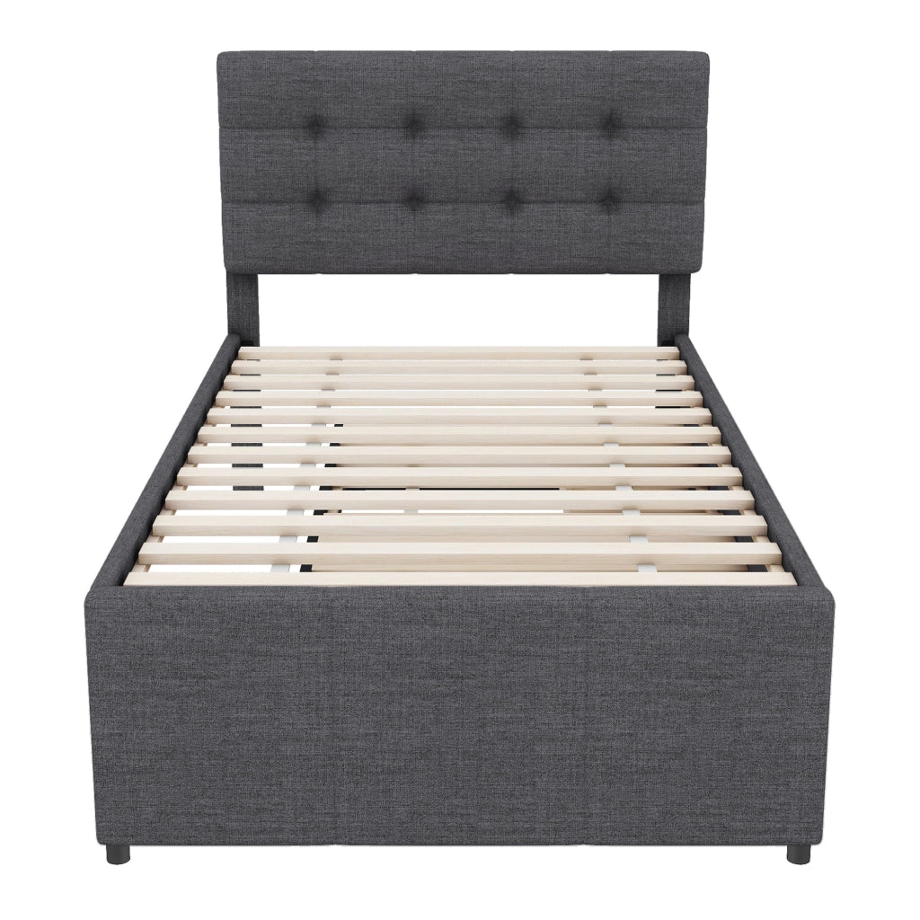 Letto singolo 90x200 cm con letto estraibile 90x190 cm, 3 cassetti e rivestimento in lino grigio