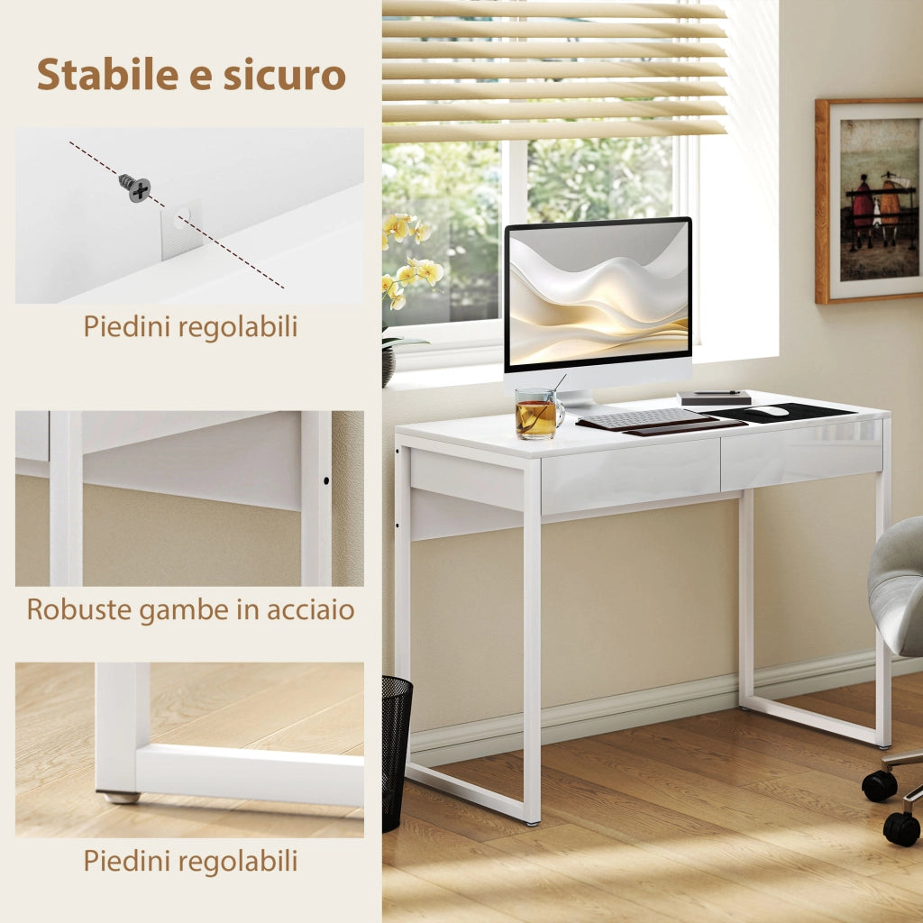 Scrivania Moderna con 2 Cassetti e Gambe in Acciaio. 100x50x75 cm. Bianco Lucido