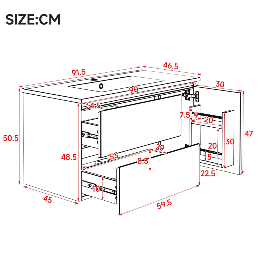 Mobile lavabo sospeso 91.5x46.5x50.5 cm con LED a sensore; lavabo in ceramica; bianco