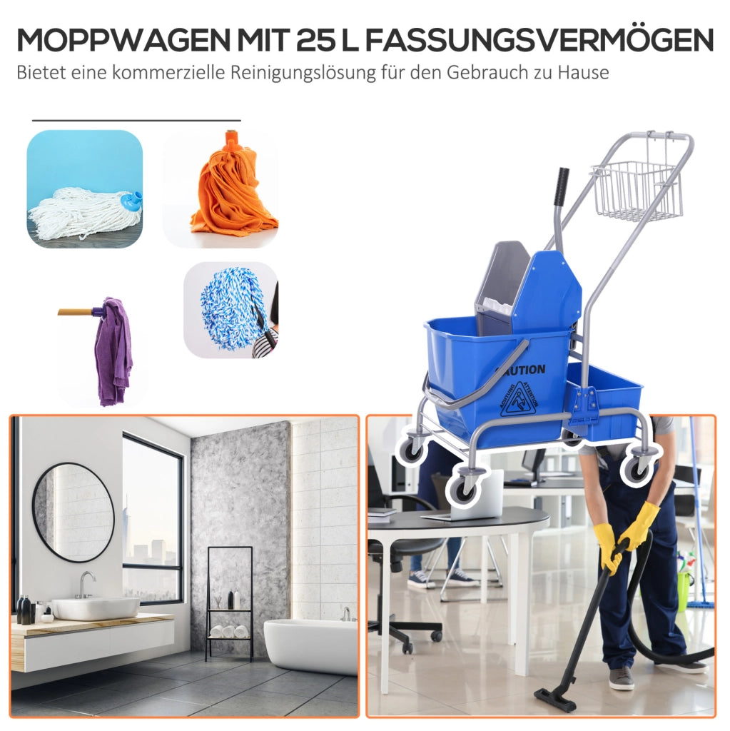 Carrello per pulizie blu con secchio da 25 L e strizzatore