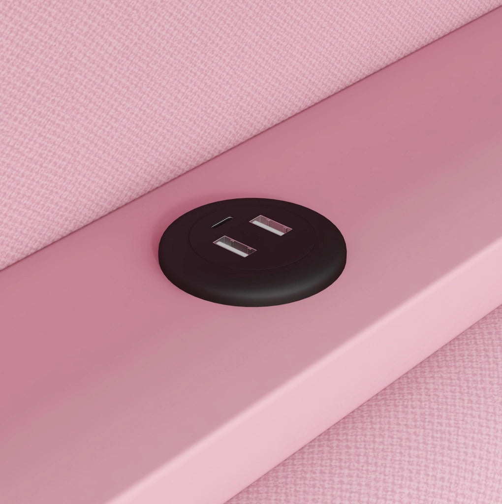 Daybed imbottito 90x200 con USB; LED; scrivania e 2 cassetti; rosa