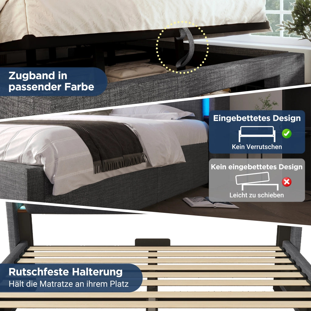 Letto imbottito con contenitore idraulico, USB-C e LED, 90x200 cm, grigio