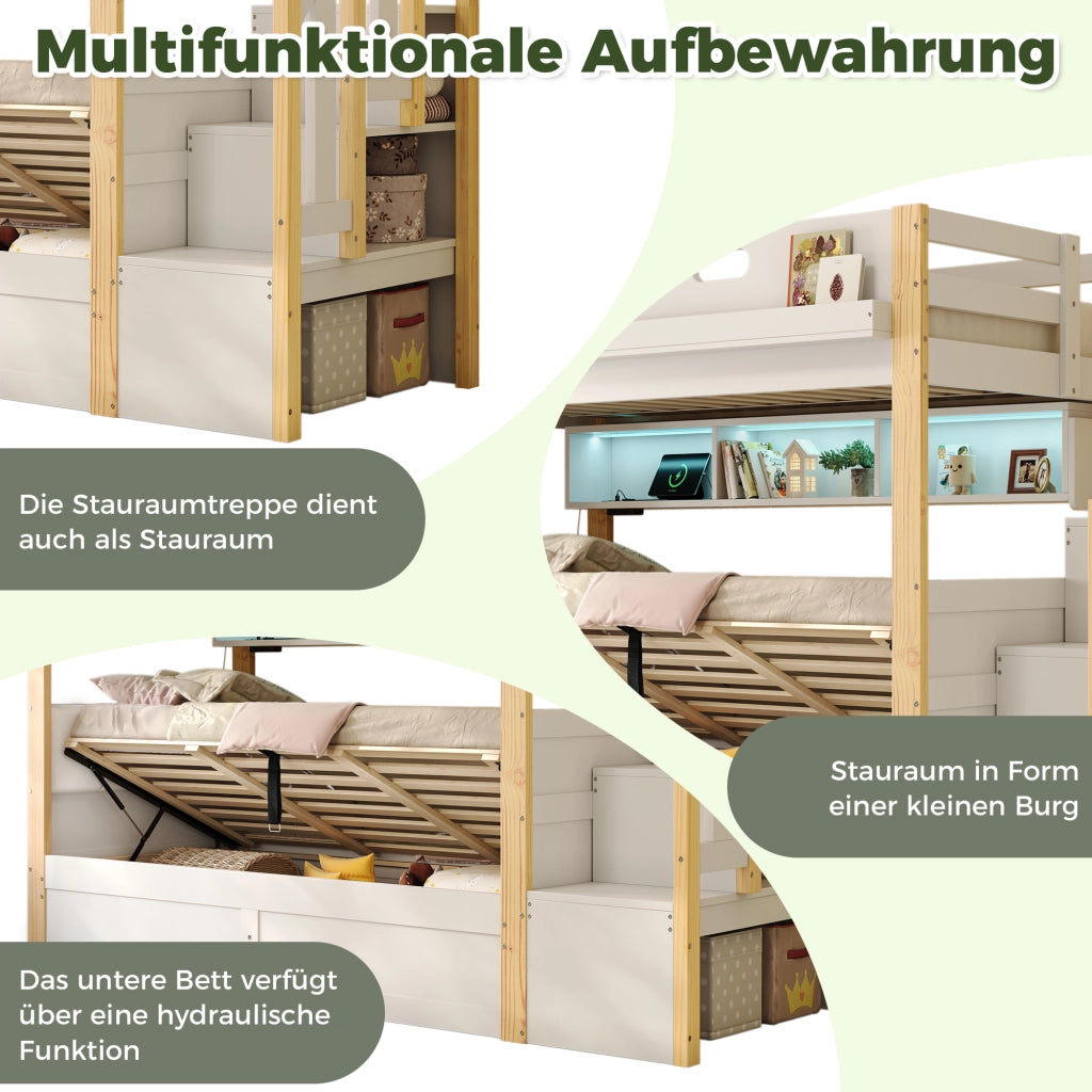 Letto a castello per bambini 90 × 200 cm con contenitore scala con vani LED USB e testiera imbottita bianco