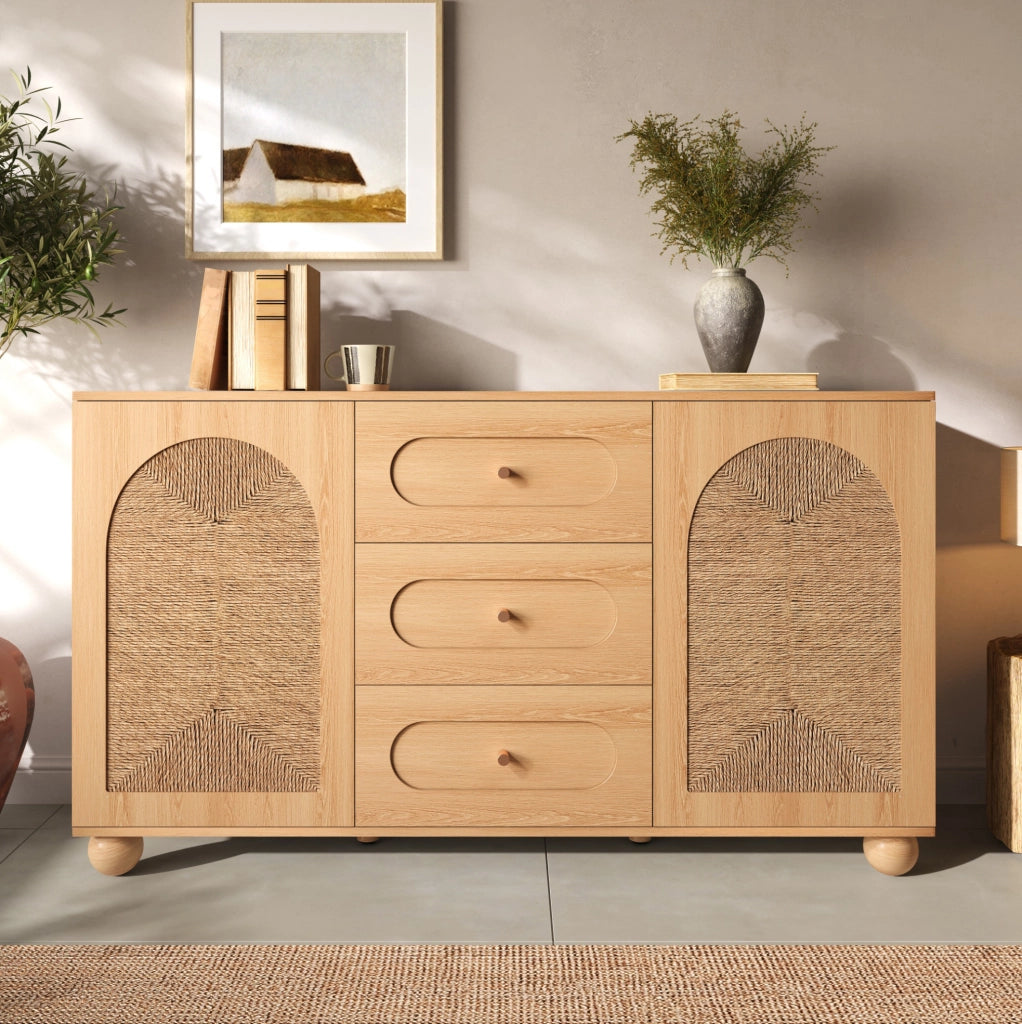 Sideboard 140x40x80 cm con 2 ante e 3 cassetti in MDF e truciolare naturale