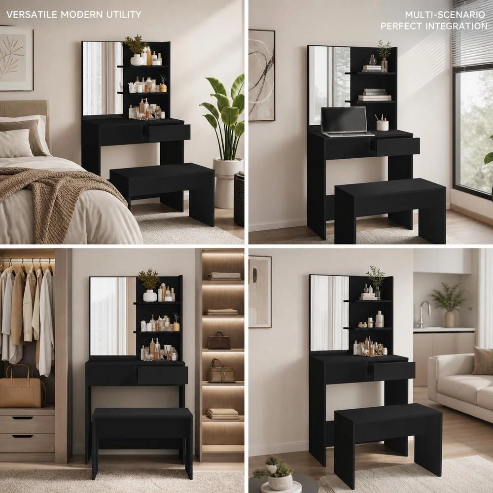 Dressing Table With Mirror, Black, 74.5x40x141 Cm