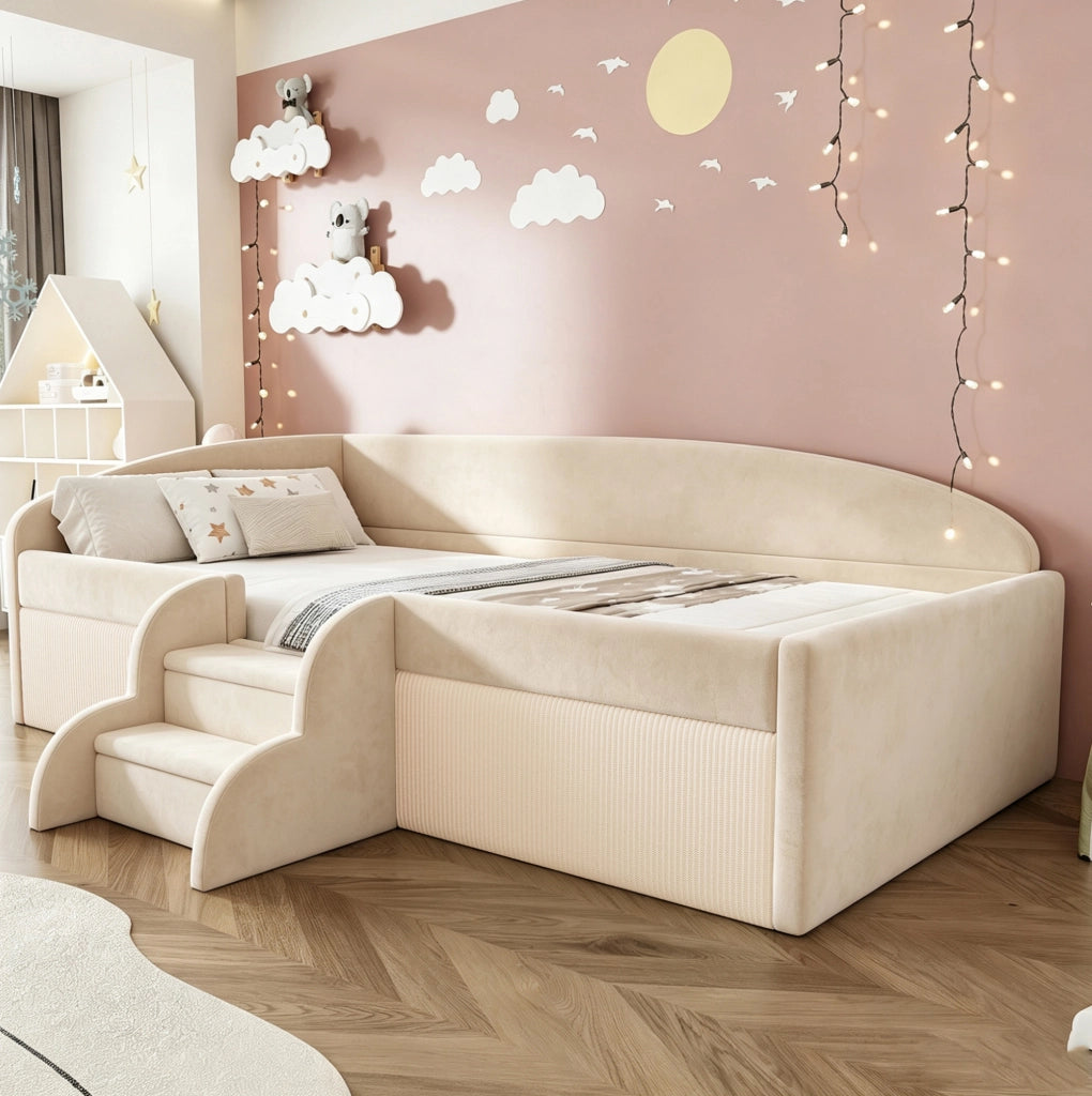 Letto imbottito per bambini 90x190 cm con sponde e gradini