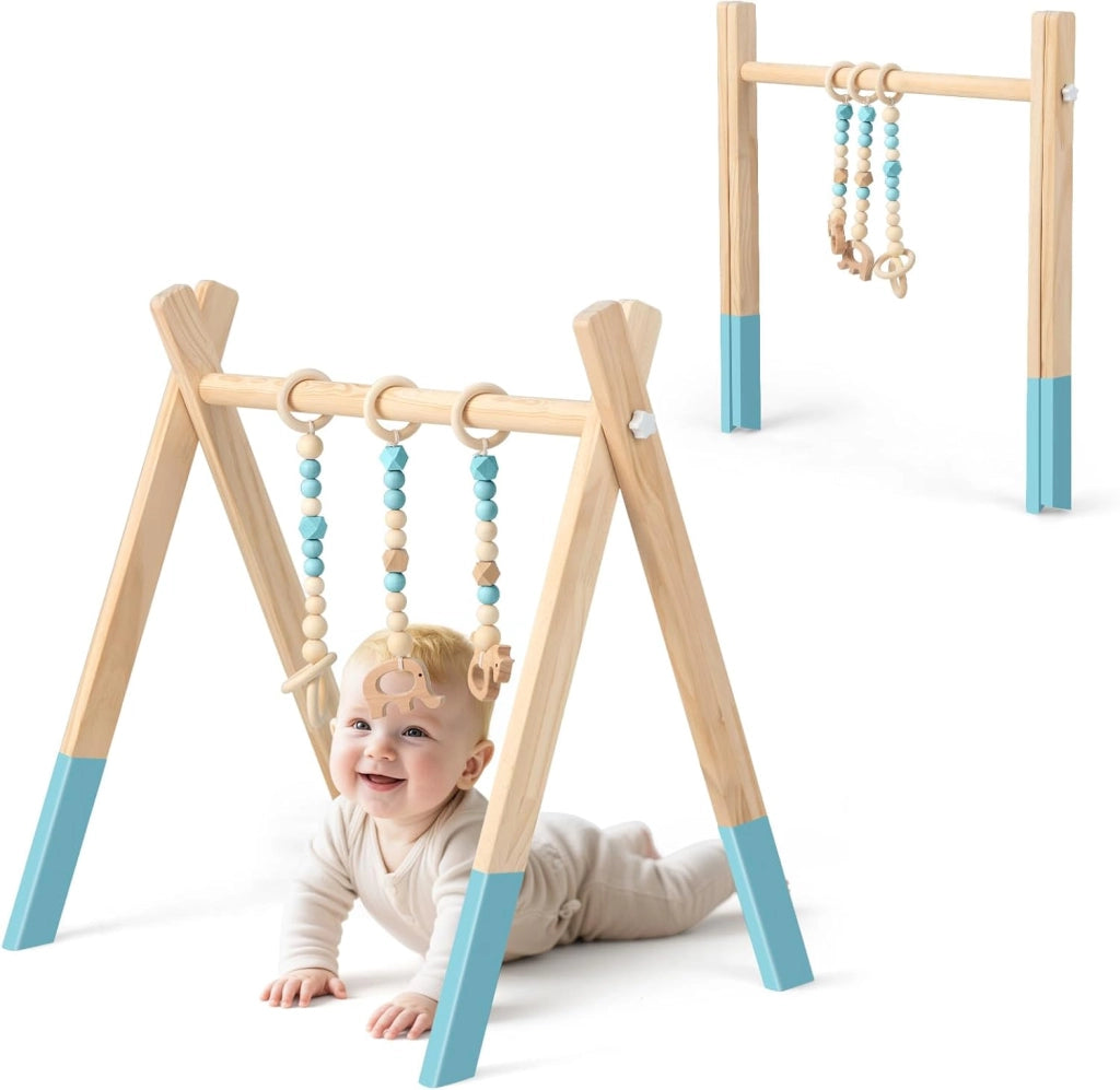 Palestrina per Bambini, Palestrina con Giocattoli per Dentizione Sviluppo Cerebrale Stimolazione Sensoriale, Pieghevole, in Legno, per Bambini 3+ Mesi (Verde)