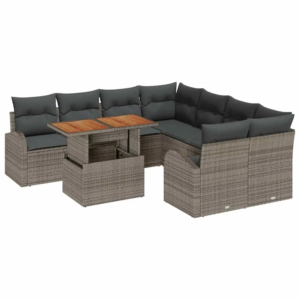 Set Divano da Giardino 9 pcs Grigio Poly Rattan