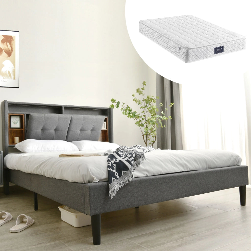Letto imbottito 140 × 200 cm con testiera contenitore LED USB e prese in legno grigio