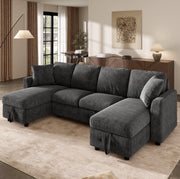Divano letto estraibile in ciniglia con 2 chaise longue contenitore; USB e Type-C; grigio scuro