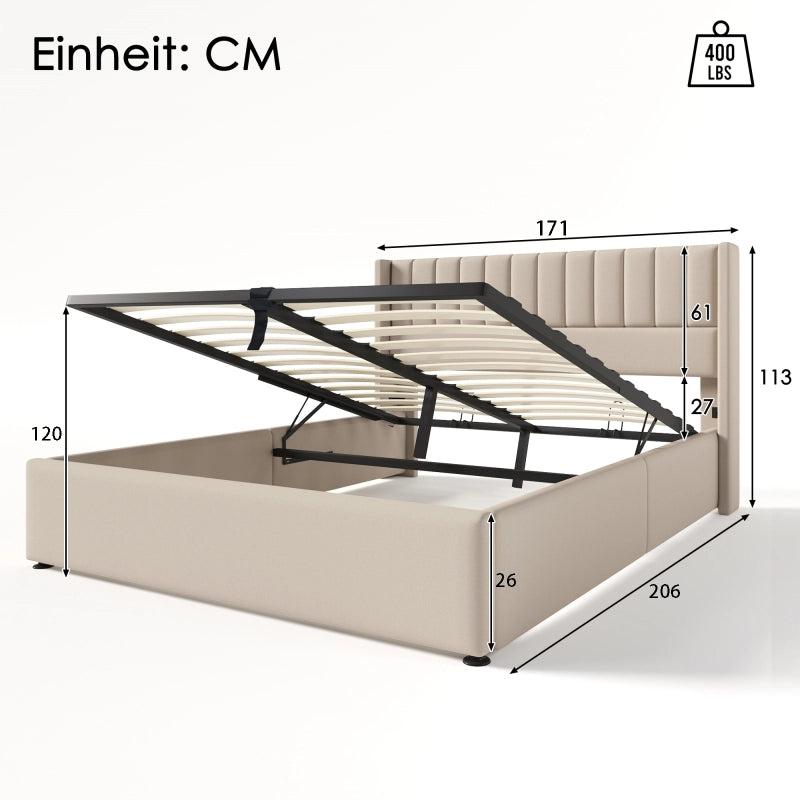 Letto Contenitore Matrimoniale 160x200 cm; Letto Imbottito in Lino Beige con Testiera; Rete a Doghe e Sollevamento Idraulico; Struttura Letto