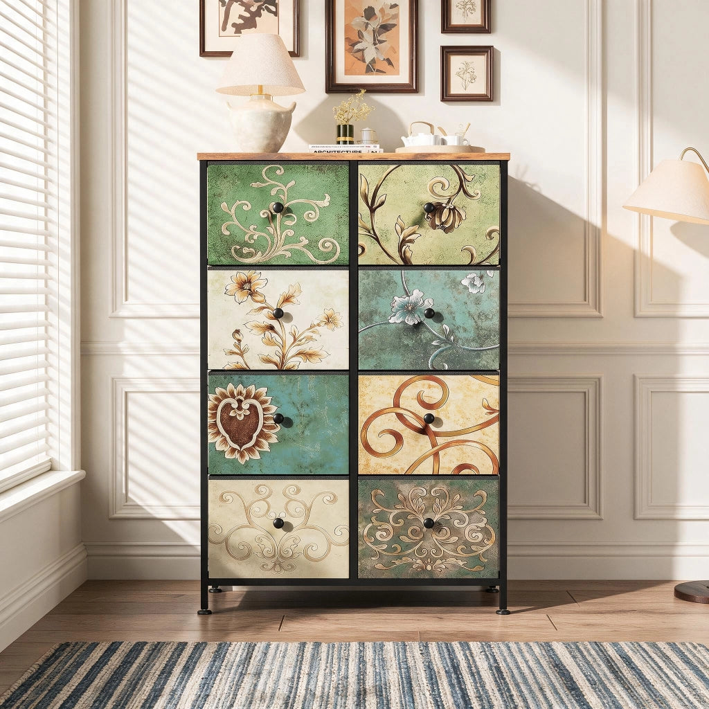 Cassettiera camera da letto 30x67;5x100 cm con cassetti in tessuto motivo floreale vintage mobiletto multiuso in legno e acciaio - verde