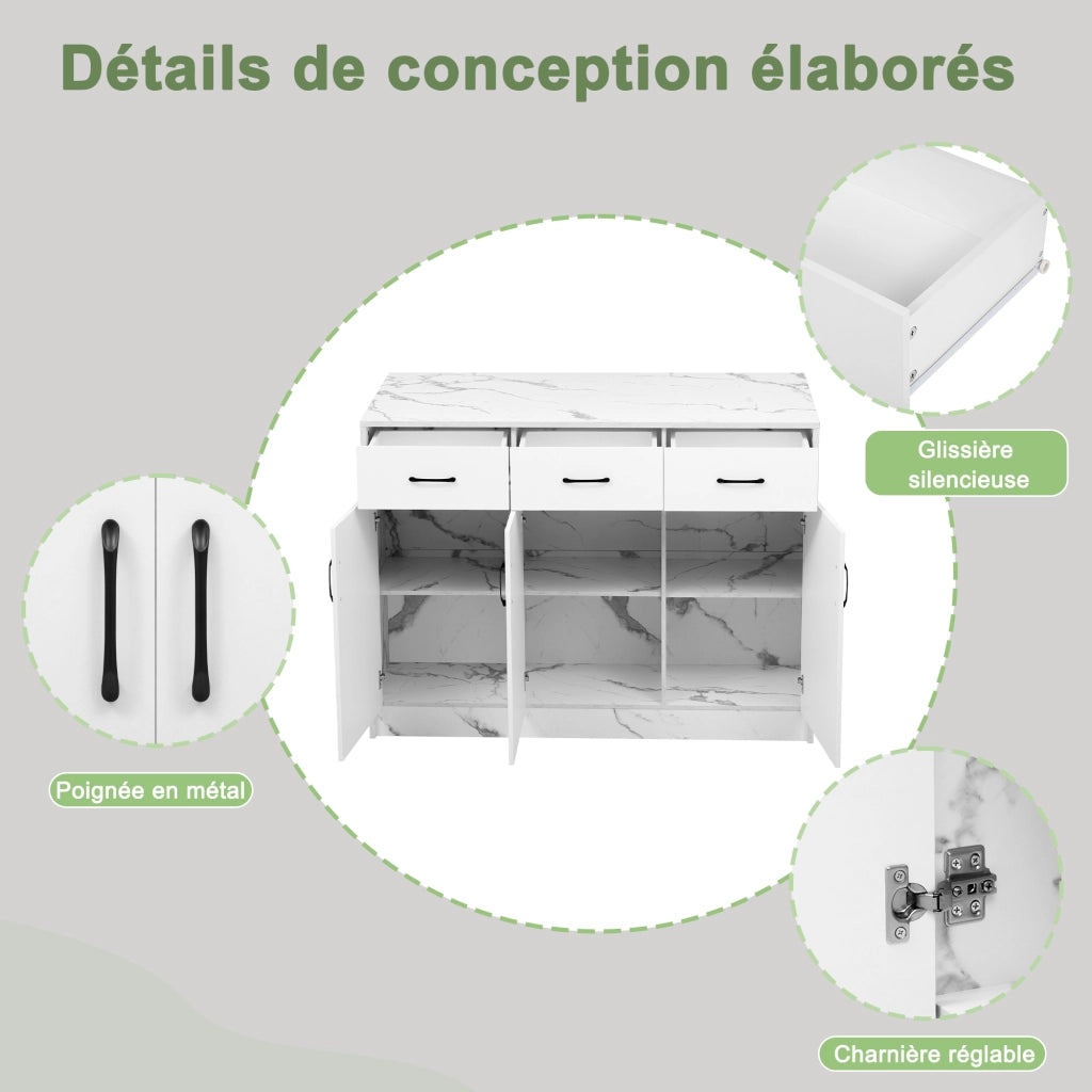 Mobile base da cucina con area bar; 3 cassetti e 3 ante con ripiani regolabili bianco effetto marmo 120 × 60 × 90.5 cm