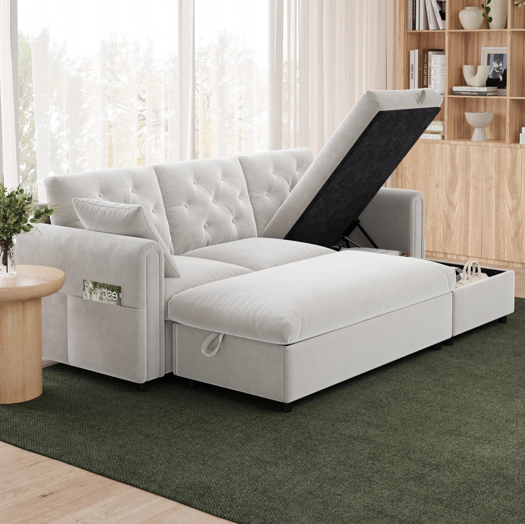 Divano moderno beige con chaise longue reversibile e pouf contenitore, 219 x 131 x 86 cm