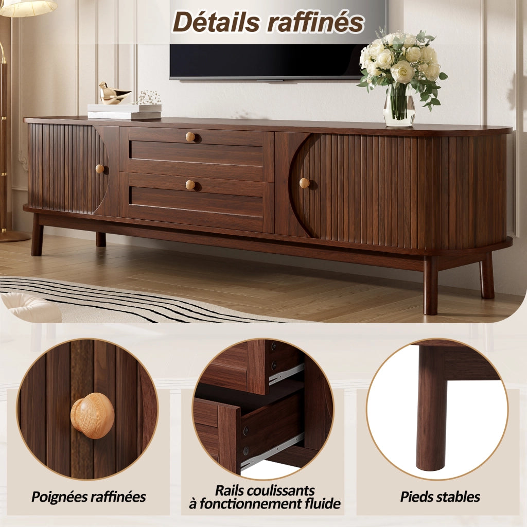 Mobile TV con ante scorrevoli e cassetti in MDF noce; gambe in legno e maniglie metalliche 170 × 39.5 × 46 cm