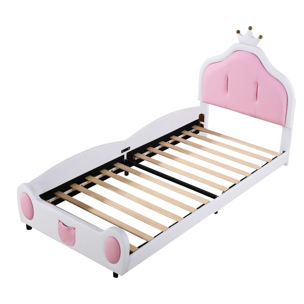 Letto singolo 90 × 200 cm imbottito con testiera a corona in similpelle bianca e rosa con rete a doghe
