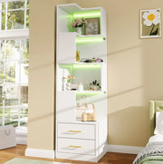 Scaffale angolare freestanding 165 cm con LED; 4 ripiani e 2 cassetti; bianco