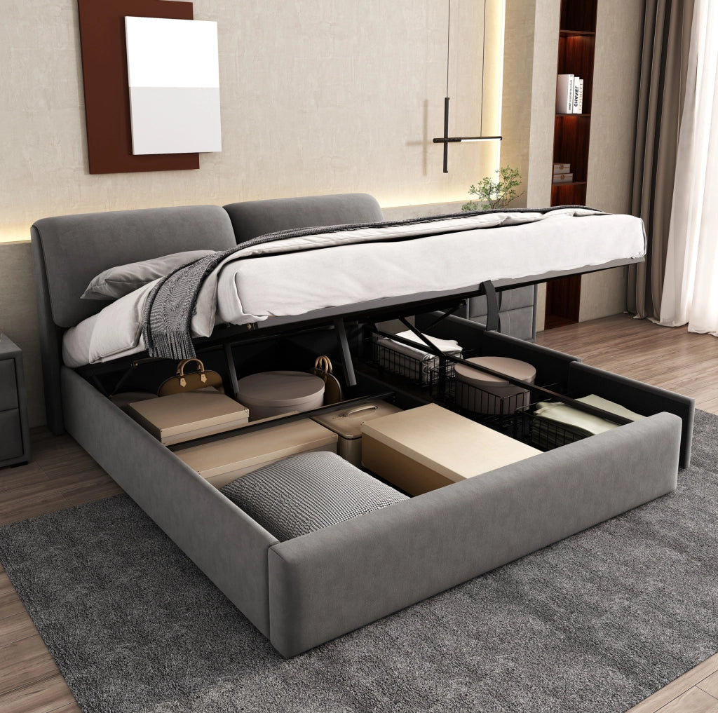 Letto imbottito grigio in velluto 160x200 con contenitore, 3 cassetti e rete a doghe, senza materasso