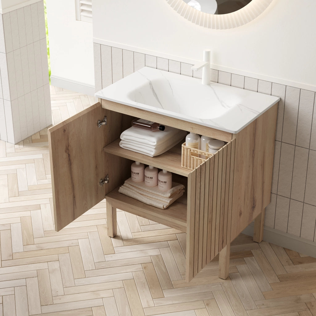 Mobiletto con lavabo a terra due ante e ripiano regolabile pietra sinterizzata bianca rovere bianco 80 cm