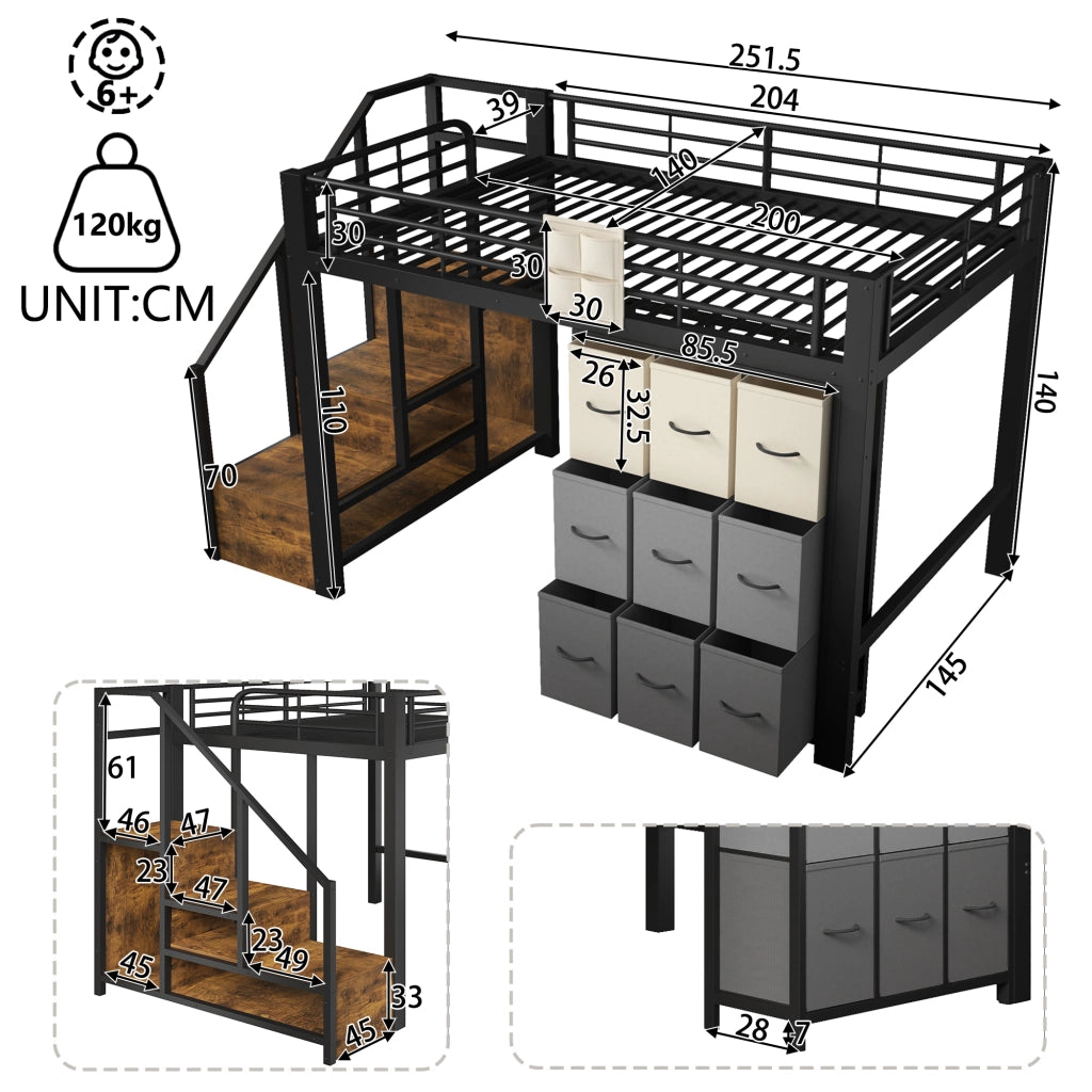 Letto a soppalco 140 × 200 cm con cassetti scala contenitore appendiabiti metallo e MDF nero con sponda