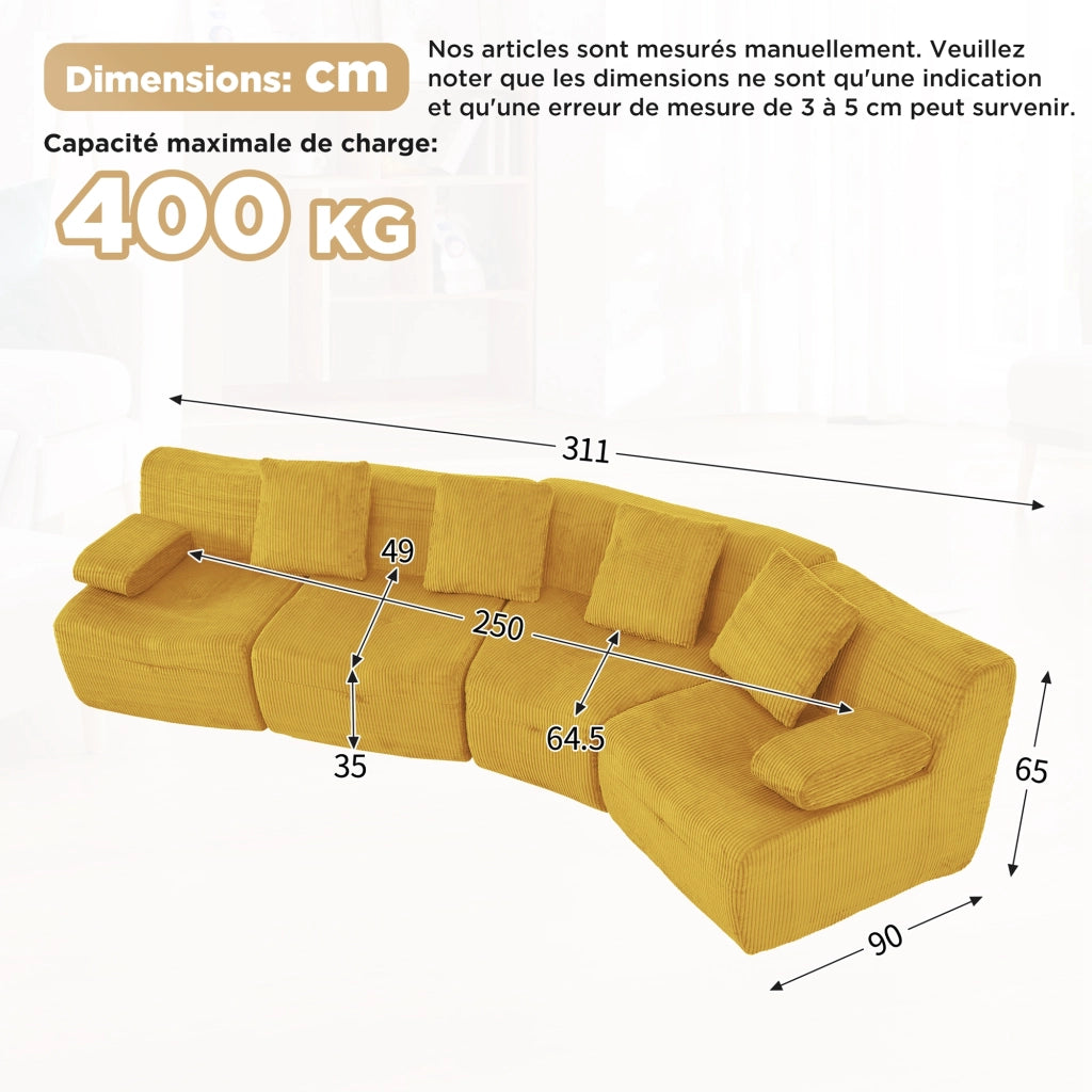 Divano modulare 4 sedili 311x90x65 cm; divano compresso senza montaggio con moduli liberi; velluto a coste; carico 400 kg; giallo brillante