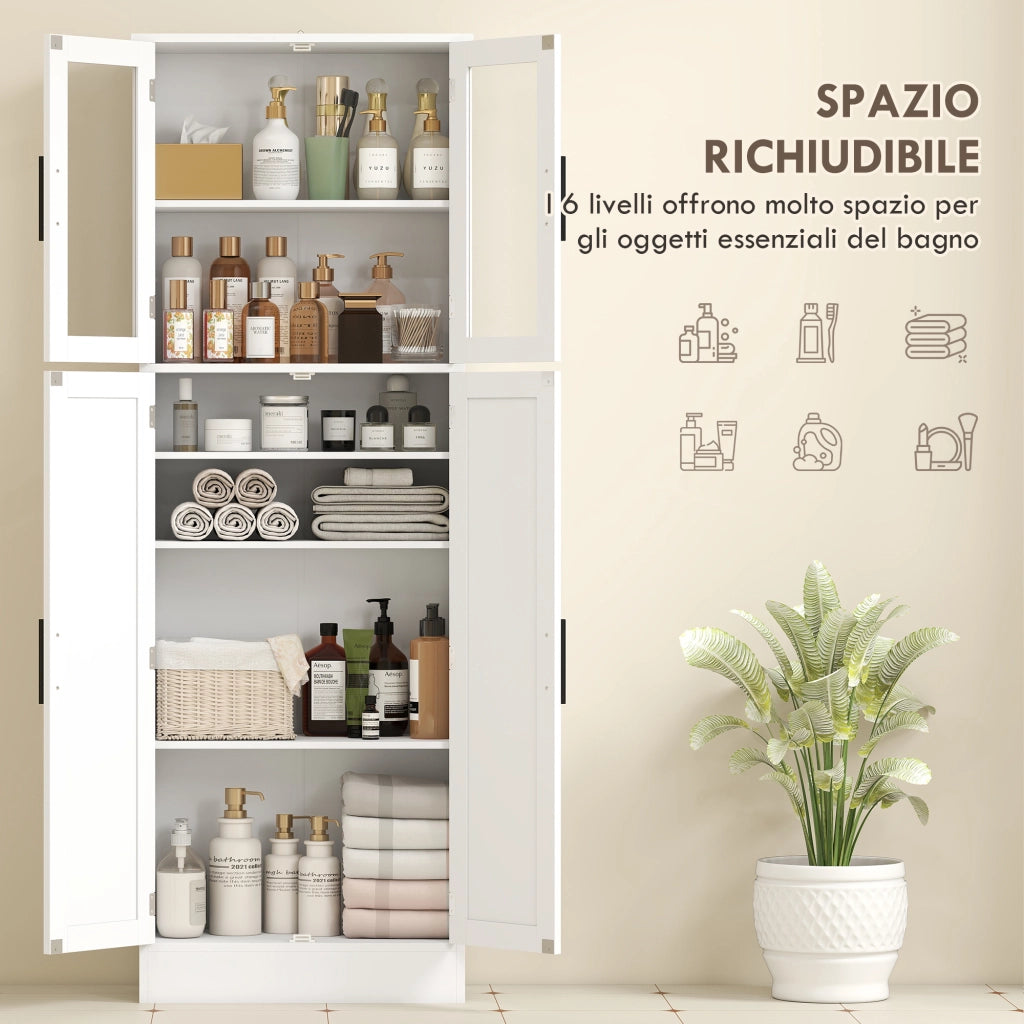 Mobile bagno alto con ante in vetro ¨C Xylo ¨C Bianco, legno, ripiani regolabili, 60x30x170 cm