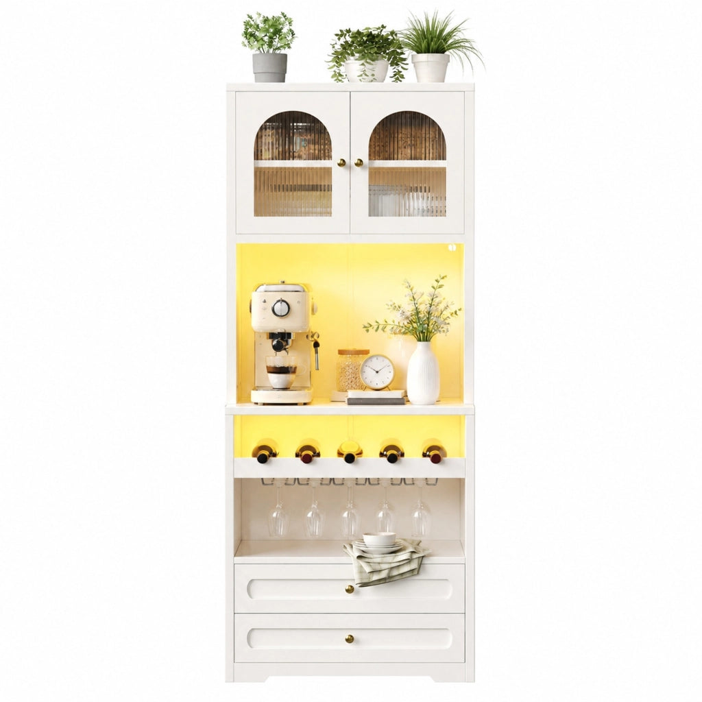 Colonna cucina con ante in vetro e cassetti; ripiani regolabili; portabottiglie; LED e USB; bianco; 70×40×180 cm