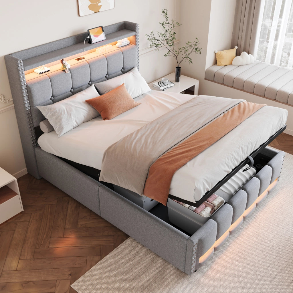 Letto matrimoniale 140×200 cm con contenitore idraulico; LED multicolore e USB; senza materasso; grigio chiaro