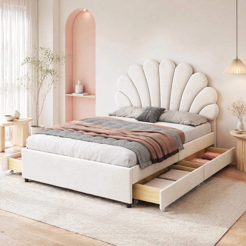 Letto imbottito 140x200 cm beige con testiera floreale e 4 cassetti