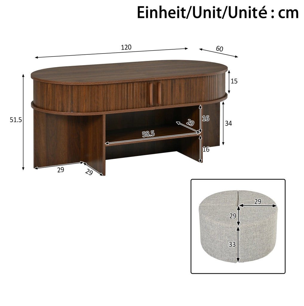 Tavolino da salotto ovale con contenitore; set con pouf in tessuto; 120 x 60 x 51;5 cm; noce