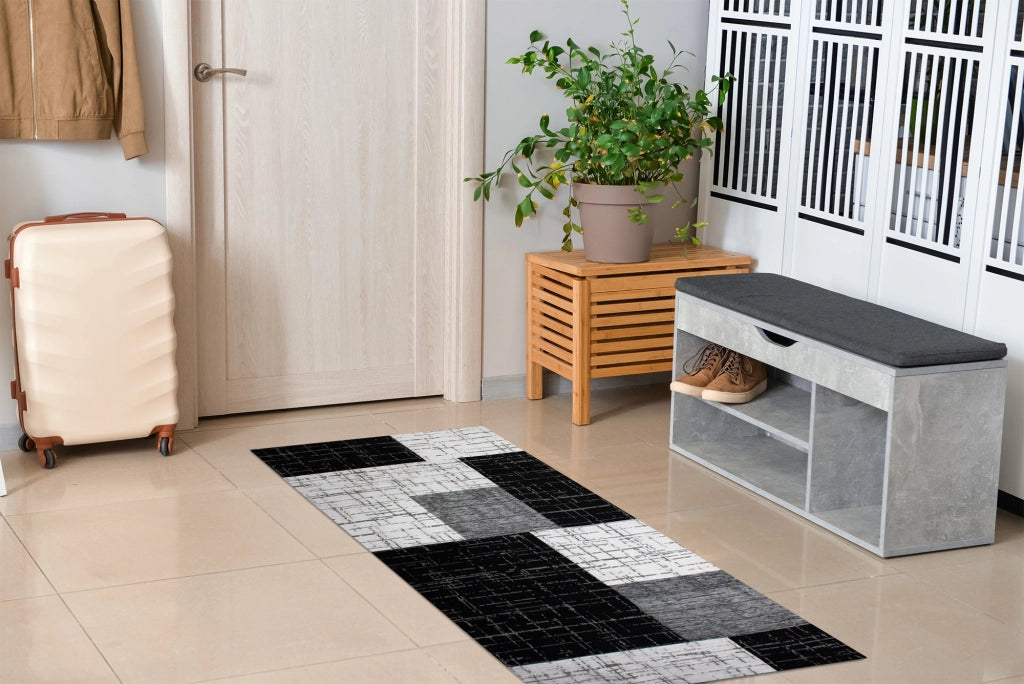 Tappeto Arredo Moderno Morbido in Ciniglia Ingresso Antiscivolo Prodotto Italiano  Soggiorno Camera Salotto Disegni Piazzati Cotone Varie Misure Grande Mondrian/Nero - 140x200 cm