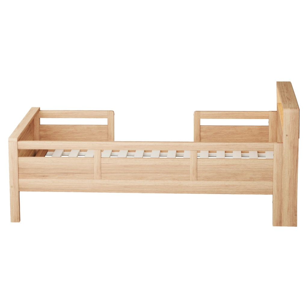 Letto per bambini 90 x 200 cm, con presa di ricarica, luci a LED, sponde di sicurezza in pino, legno naturale