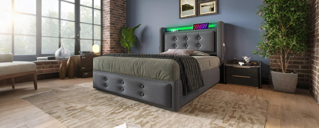 Letto singolo 90x200 cm con testiera imbottita, funzione di ricarica USB-C, struttura in legno e metallo, colore grigio, senza materasso