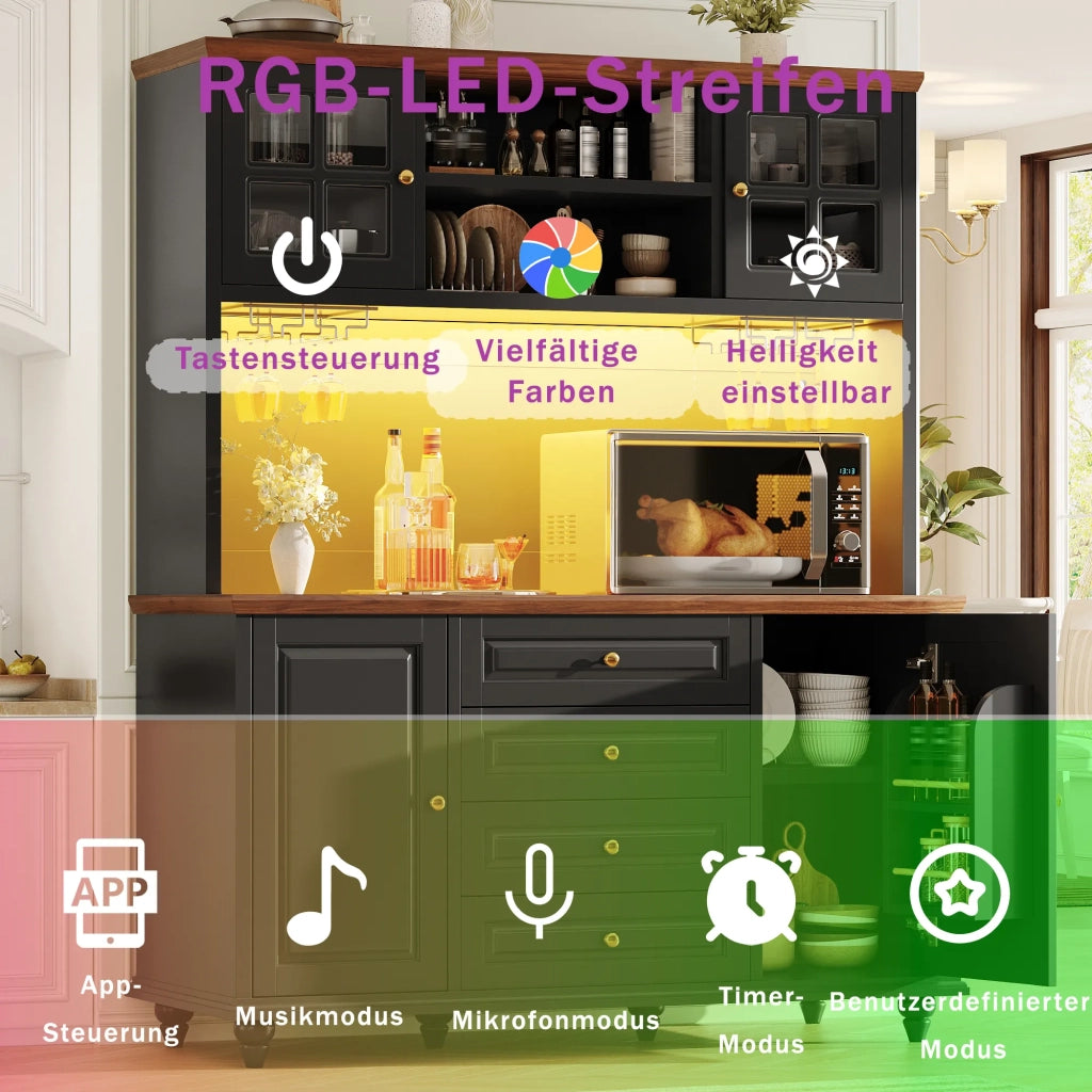 Highboard cucina soggiorno nero, corpo MDF, piedi gomma naturale, illuminazione LED RGB, ripiani regolabili, portabicchieri metallo, moderno mobile contenitore