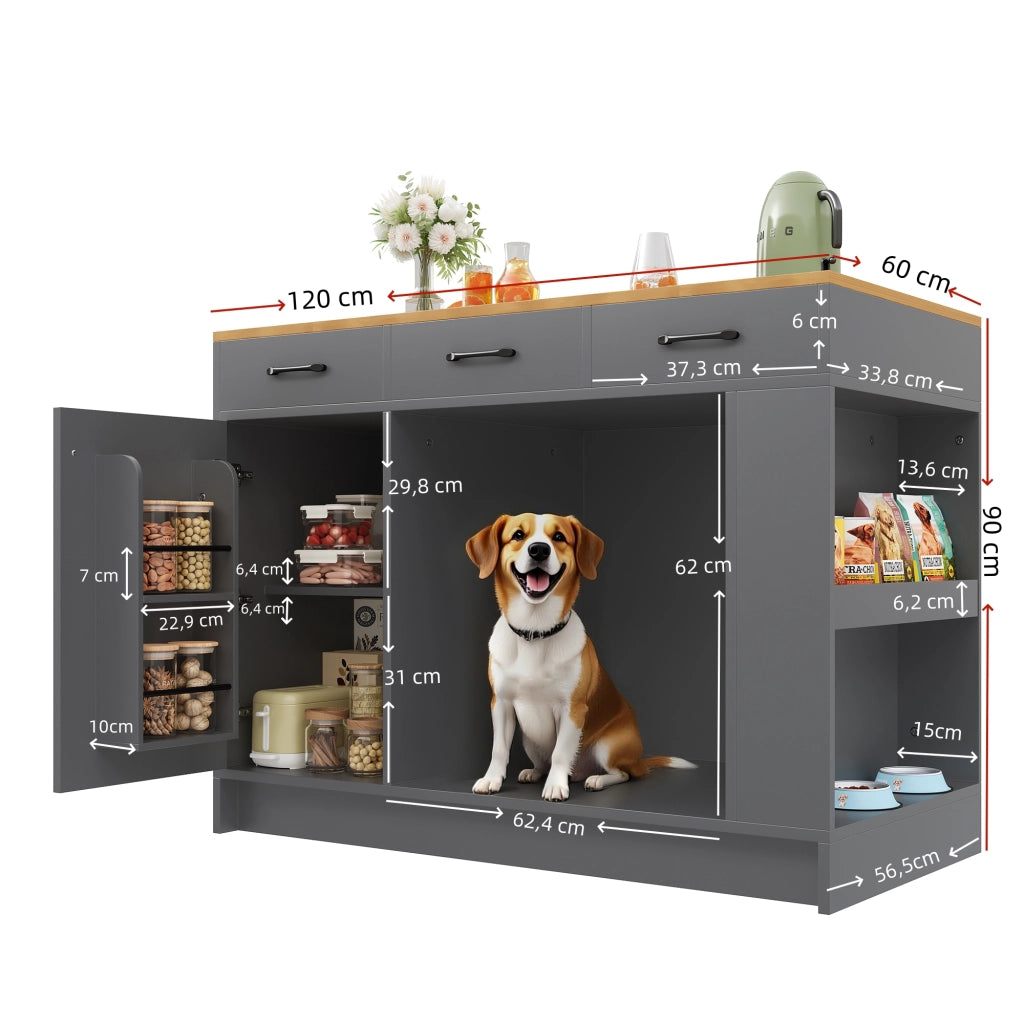 Mobile da cucina con 3 cassetti ripiano regolabile spazio per animali naturale e grigio 120 × 60 × 90 cm