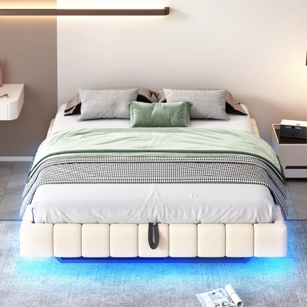 Letto imbottito sospeso 160x200 cm con contenitore, LED e struttura in metallo, Beige