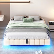 Letto imbottito sospeso 160x200 cm con contenitore, LED e struttura in metallo, Beige