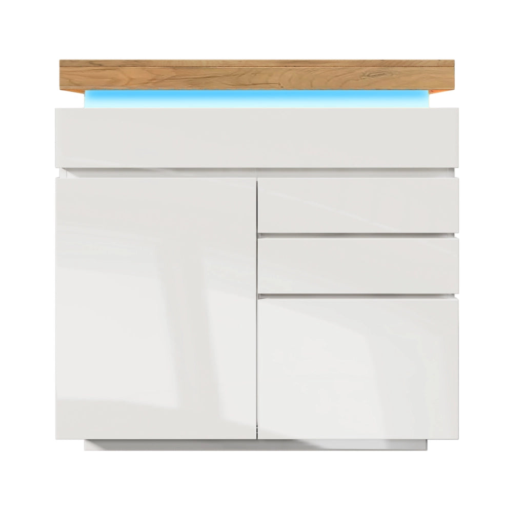 Sideboard bianco lucido con 2 ante, 3 cassetti e illuminazione LED controllabile via app, 115x110x39 cm