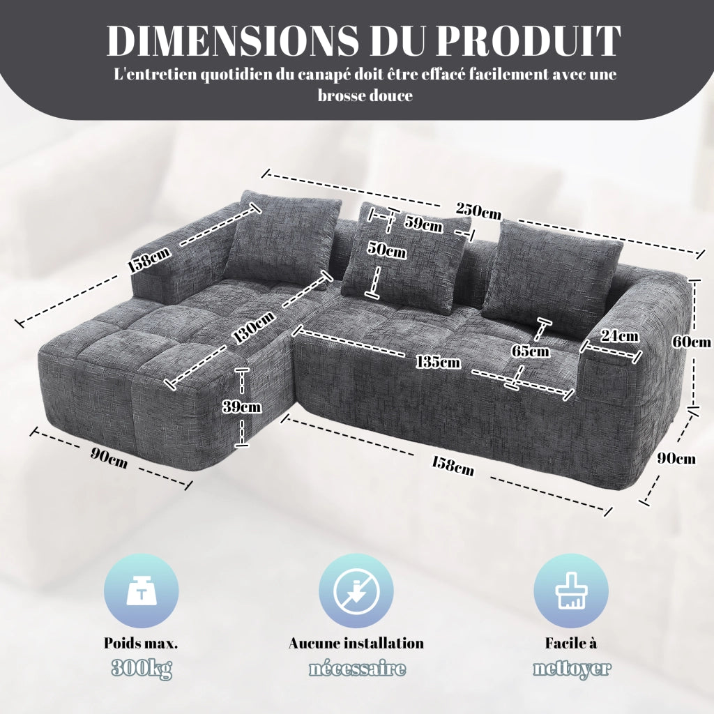 Divano Angolare 3 Posti con Chaise Longue e Tasche Laterali; Ciniglia; Grigio; 250 × 158 × 60 cm