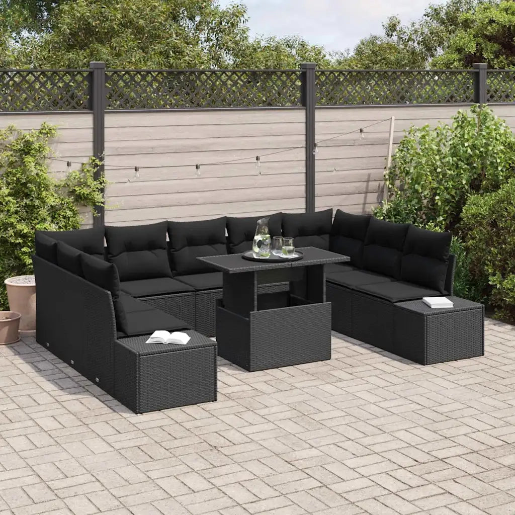 Set Divano da Giardino con cuscino 10 pcs Nero polyrattan