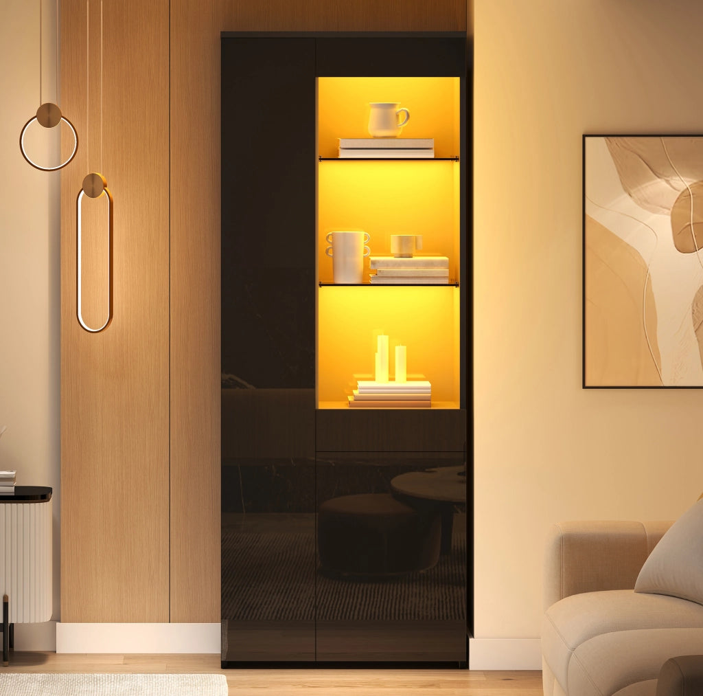 Vetrina 70x35x180 cm con LED controllabile via app; 2 ante e cassetto; nera