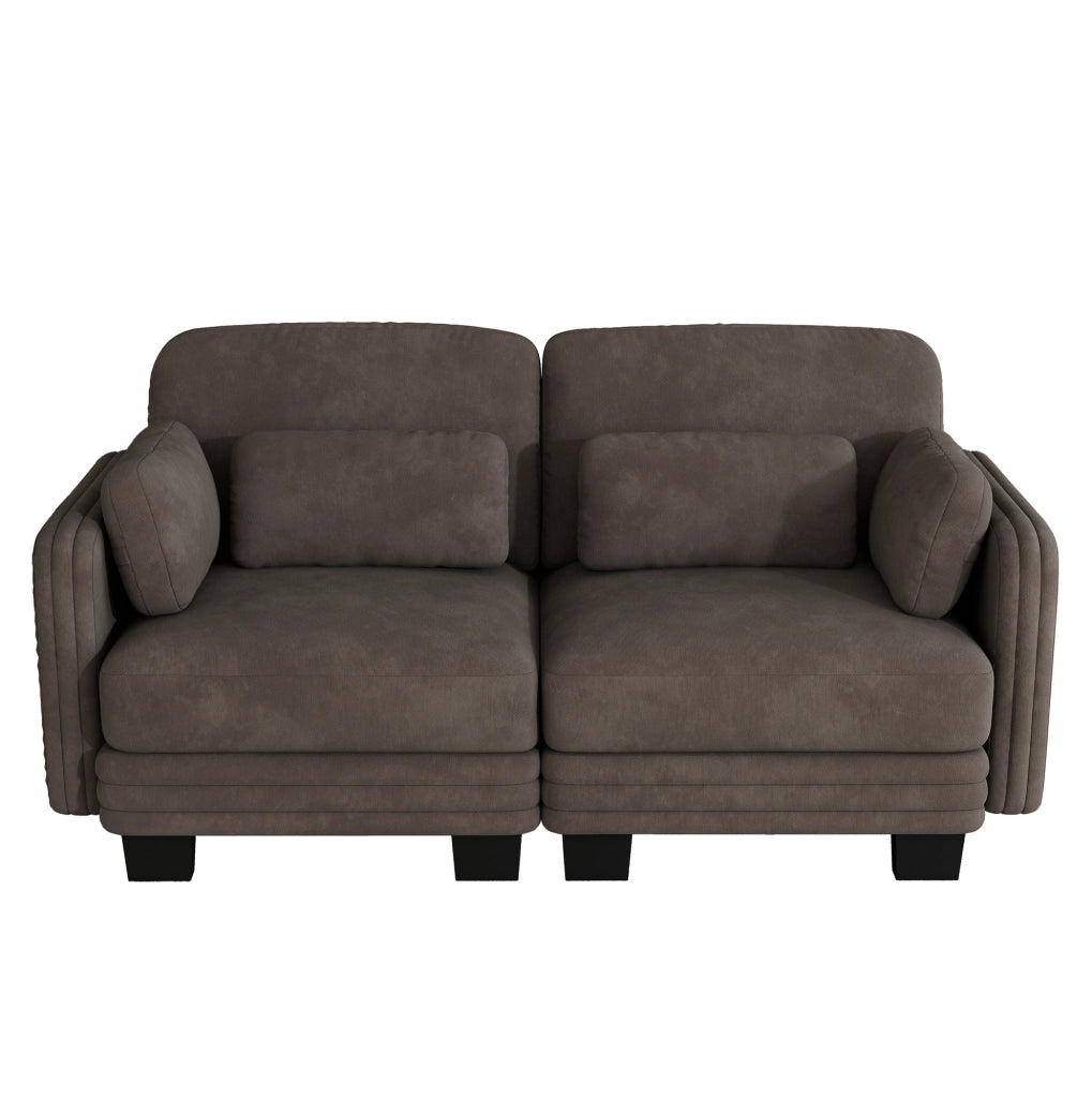 Divano modulare 2 posti in chenille marrone 176x88x88 cm con cuscini lombari e bracciolo