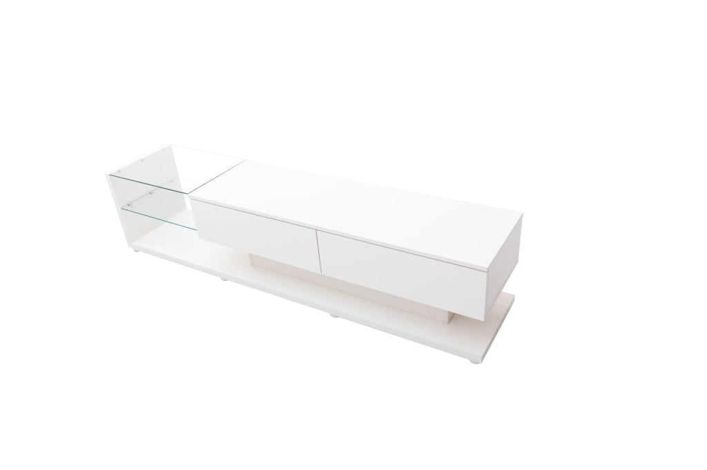 Mobile TV bianco lucido con LED regolabili e ampio spazio contenitivo, 170x38x36 cm