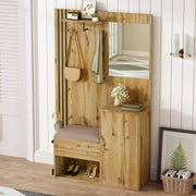 Mobile da ingresso 115x37x185 cm con specchio; seduta e ripiani in MDF naturale e nero