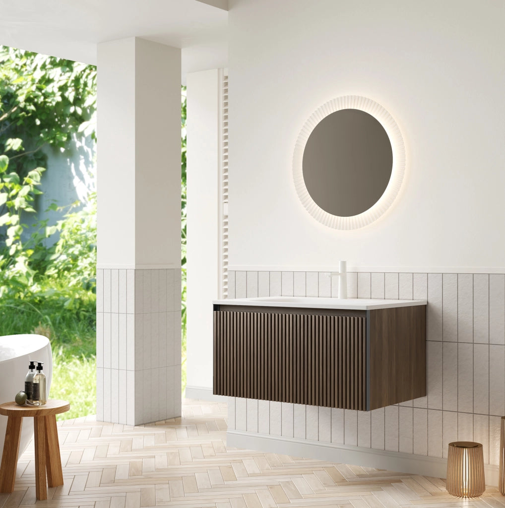 Mobile bagno sospeso con lavabo integrato in resina; cassetto soft-close; rovere marrone e bianco