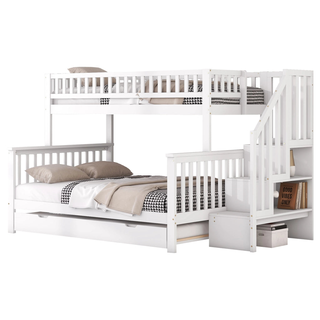 Letto a castello 90 × 200 cm e 140 × 200 cm con letto estraibile, mensole e scala, senza materasso, in pino bianco
