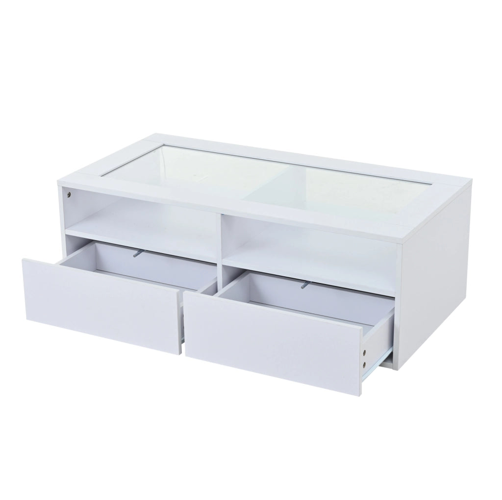 Tavolino da caffè bianco 100 x 50 x 35 cm con LED; 2 cassetti; piano in vetro temperato